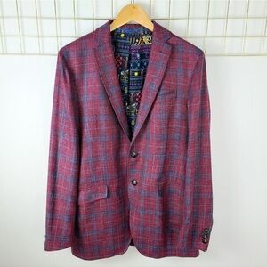 Etro Silk Linen Wool Burgundy Blue Plaid Checkered Sport Coat Blazer